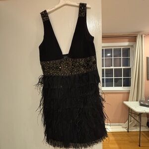 Sue Wong Black and Gold Embellished Mini Feather Dress